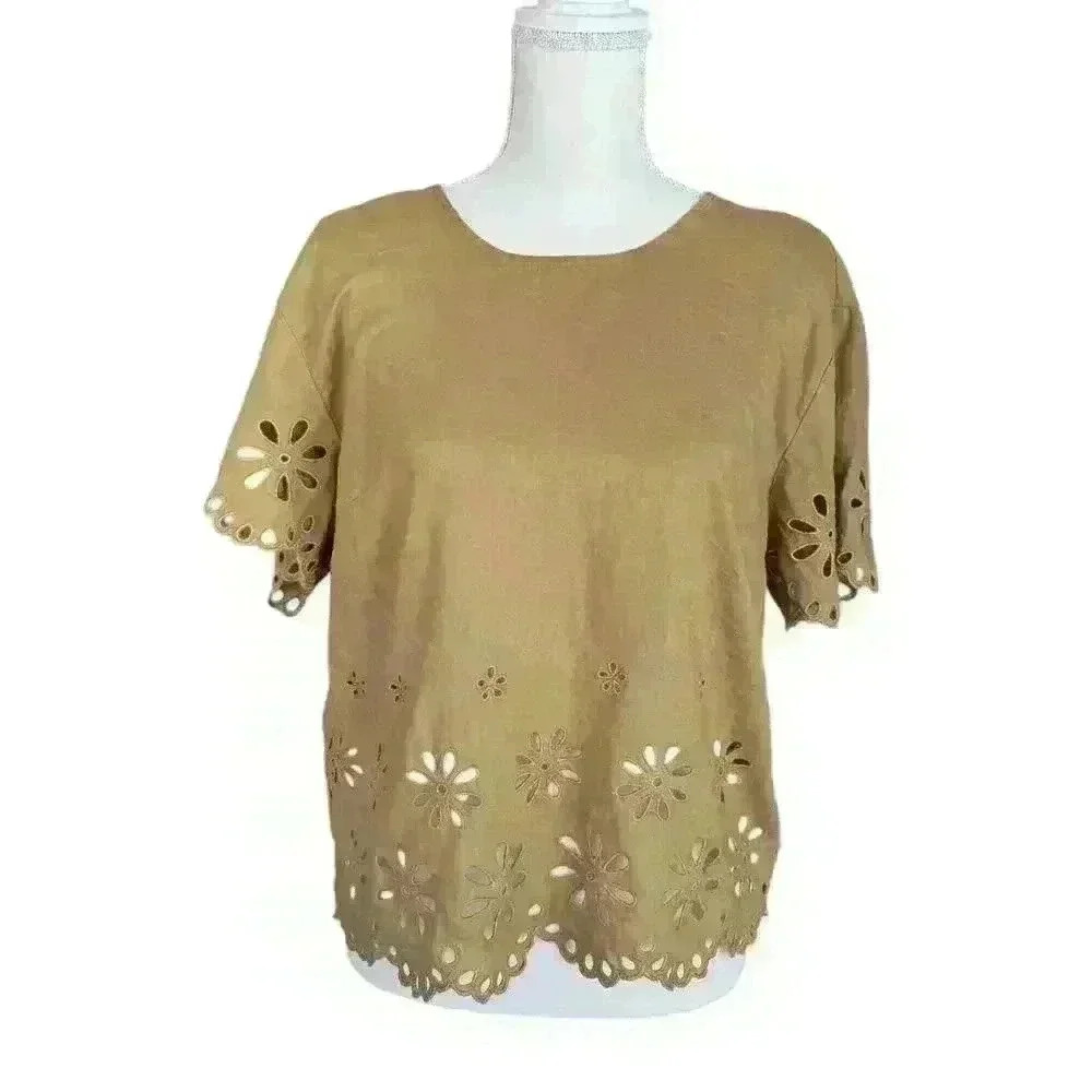 Madewell Floral Eyelet Crop Top in Olive Surplus - Size Medium